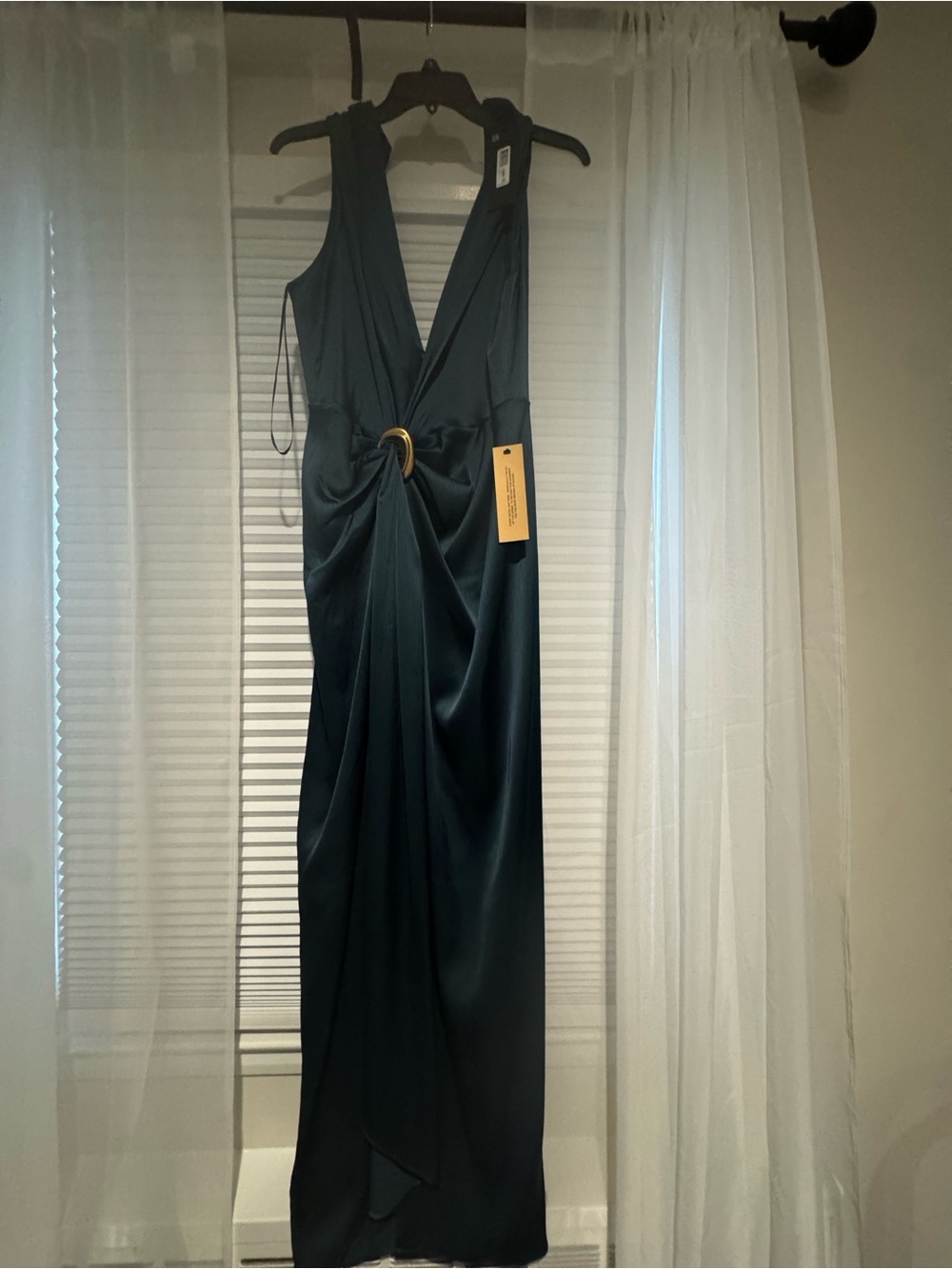 Donna Karan Teal Satin Maxi Dress with Ring Detail